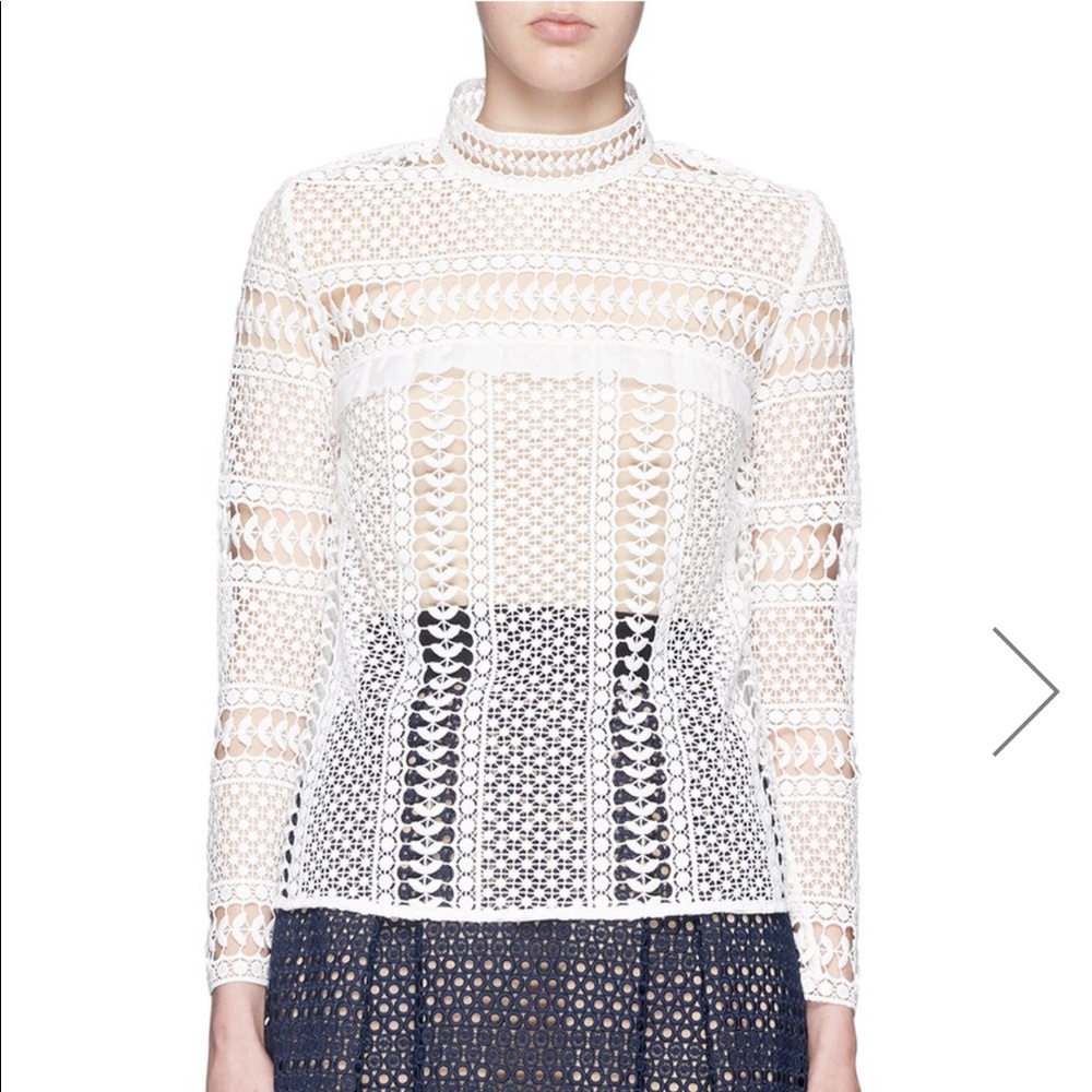Self Portrait Crochet Lace Panel Long Sleeve Blouse